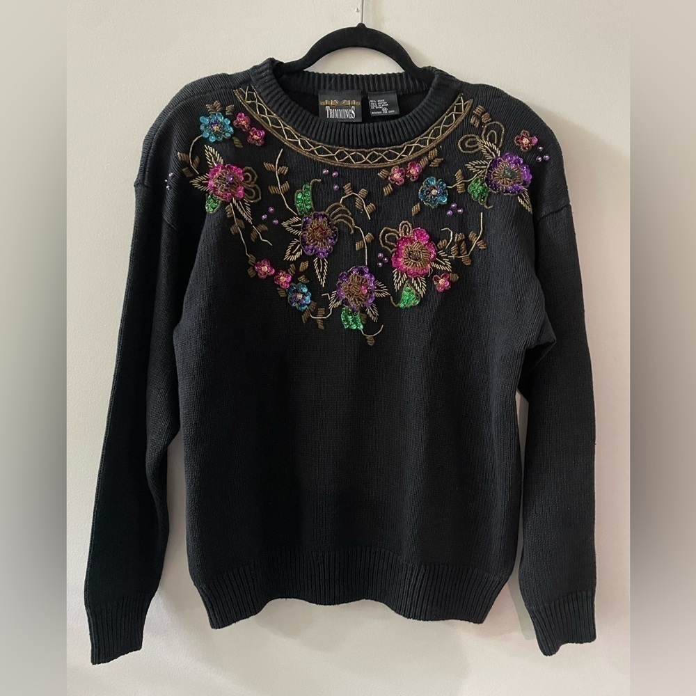 TRIMMINGS Vintage 80s/90s Beaded W/ Sequins Crewneck Holiday Sweater Size Medium